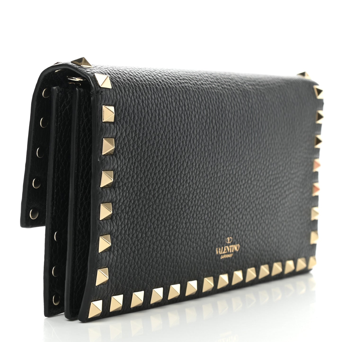 Pebbled Calfskin Rockstud Flap Wallet On Chain Black
