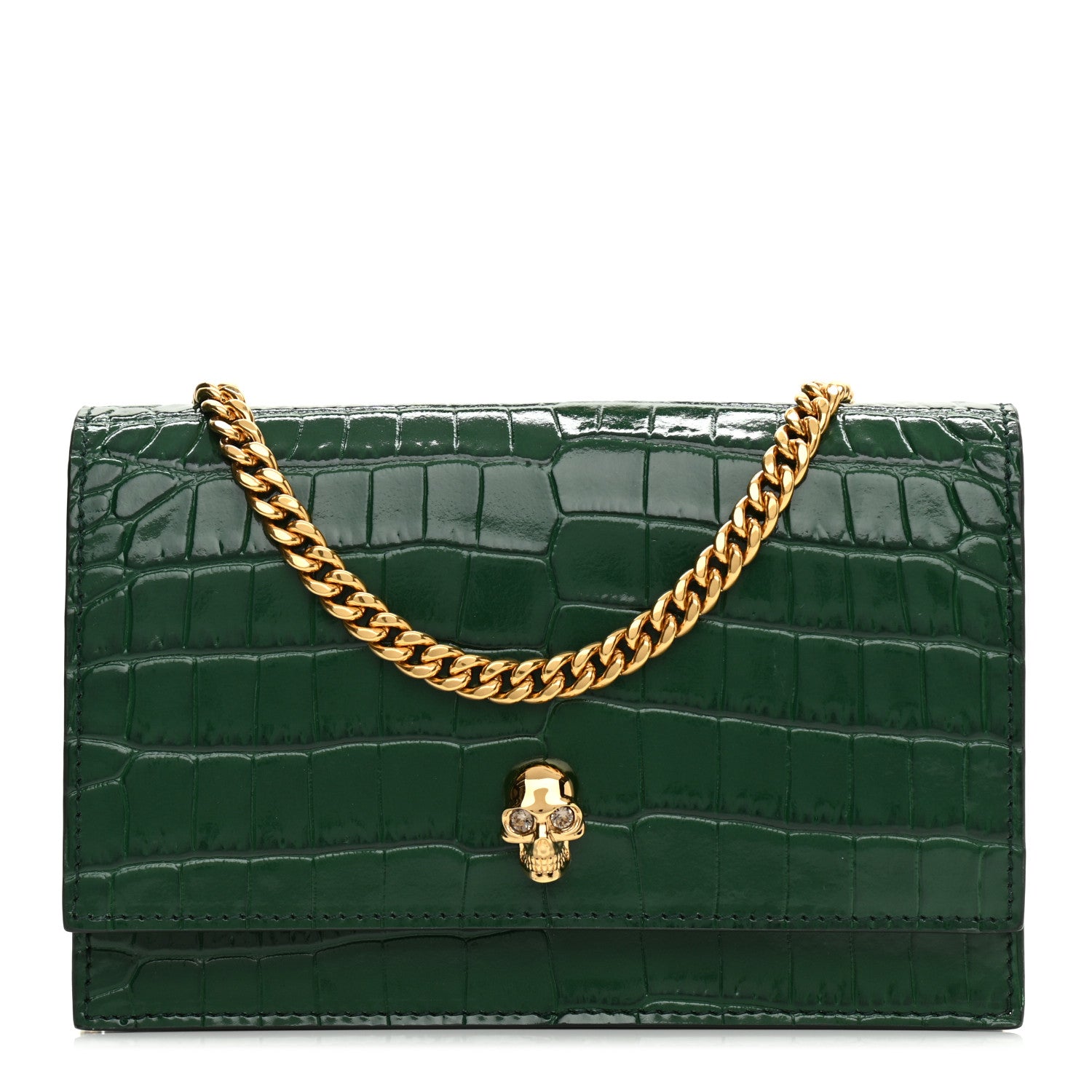 Alexander McQueen Calfskin Crocodile Embossed Skull Mini Crossbody Bag Green 1 of 8
