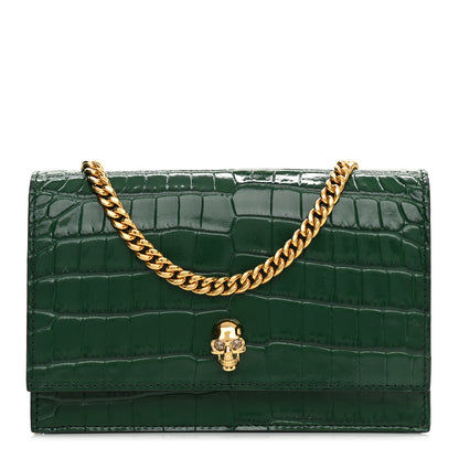 Alexander McQueen Calfskin Crocodile Embossed Skull Mini Crossbody Bag Green 1 of 8