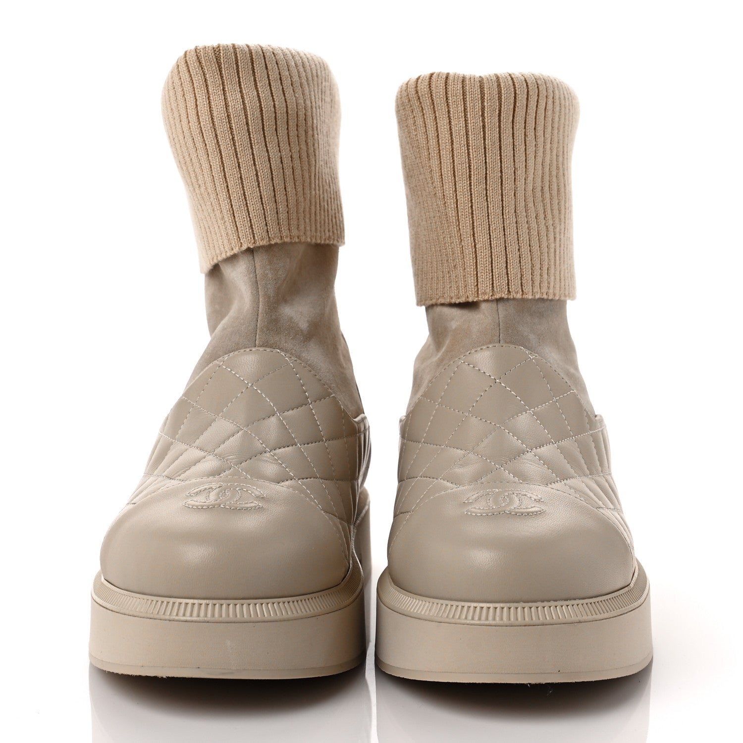 Chanel Suede Lambskin Calfskin Knit Womens Ankle Boots 39 Beige 2 of 6