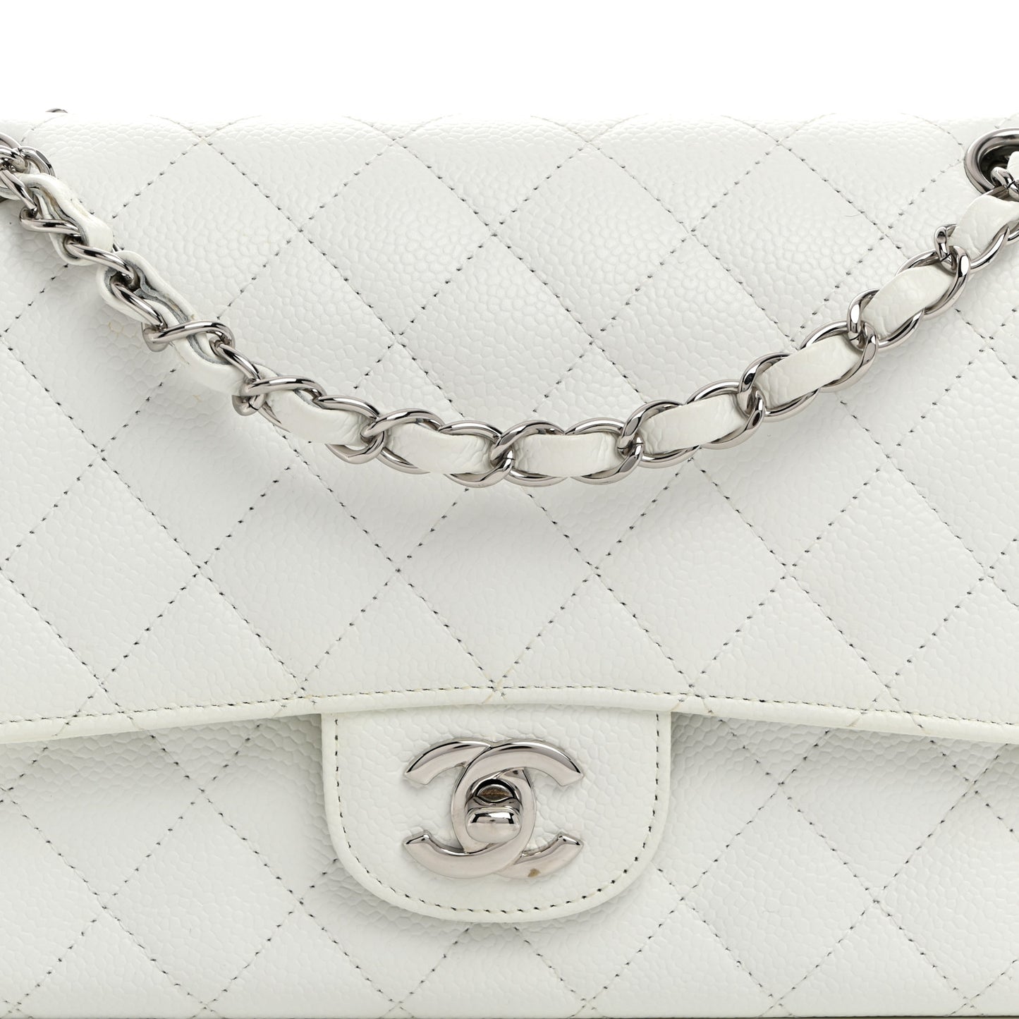 Caviar Quilted Medium Double Flap White