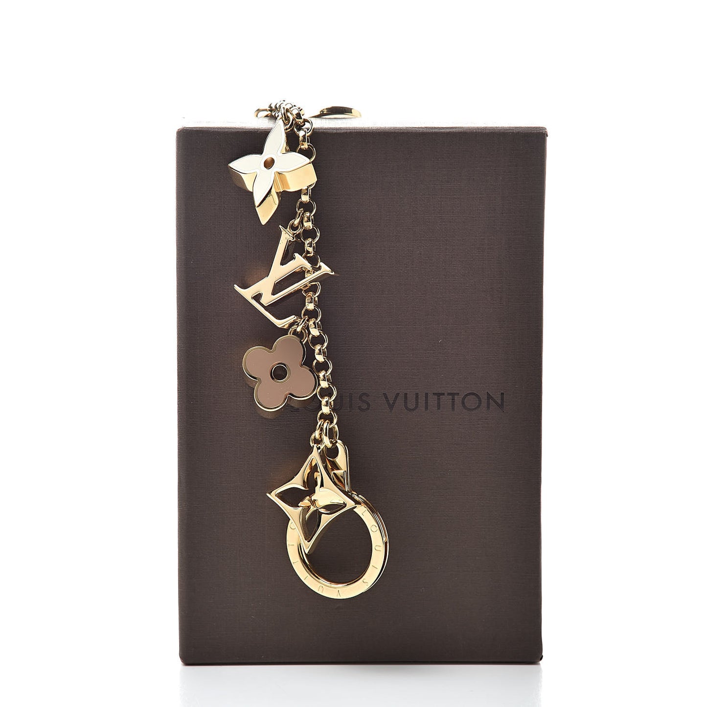 Brass Enamel Fleur De Monogram Bag Charm Chain Gold