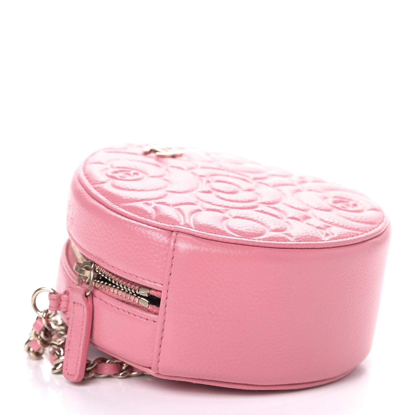 Caviar Camellia Embossed Round Clutch With Chain Pink