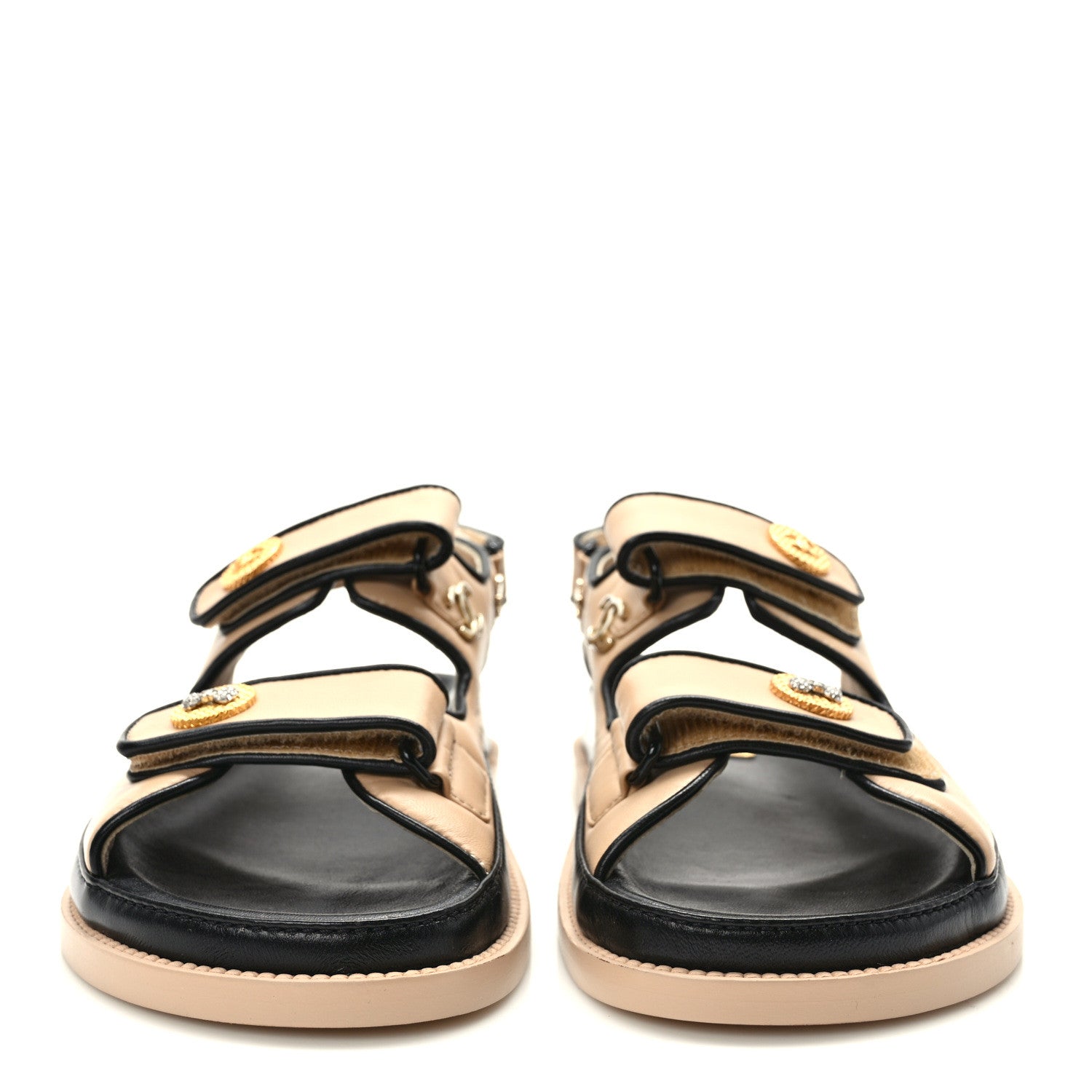 Chanel Lambskin Velcro Dad Slide Sandals 38 Beige Black 2 of 8