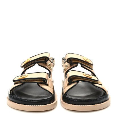 Chanel Lambskin Velcro Dad Slide Sandals 38 Beige Black 2 of 8