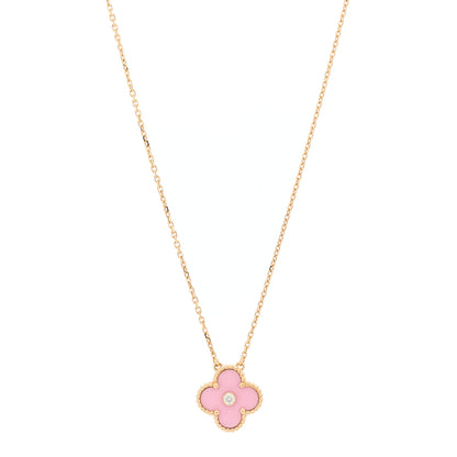 Van Cleef & Arpels 18K Rose Gold Diamond Pink Porcelain Vintage Alhambra Pendant Necklace 1 of 6