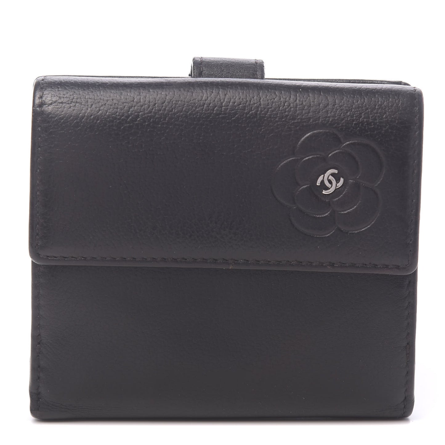 Glazed Goatskin Camellia Embossed French Flap Wallet Black