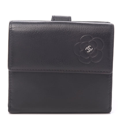 Chanel Glazed Goatskin Camellia Embossed French Flap Wallet Black 1 of 15