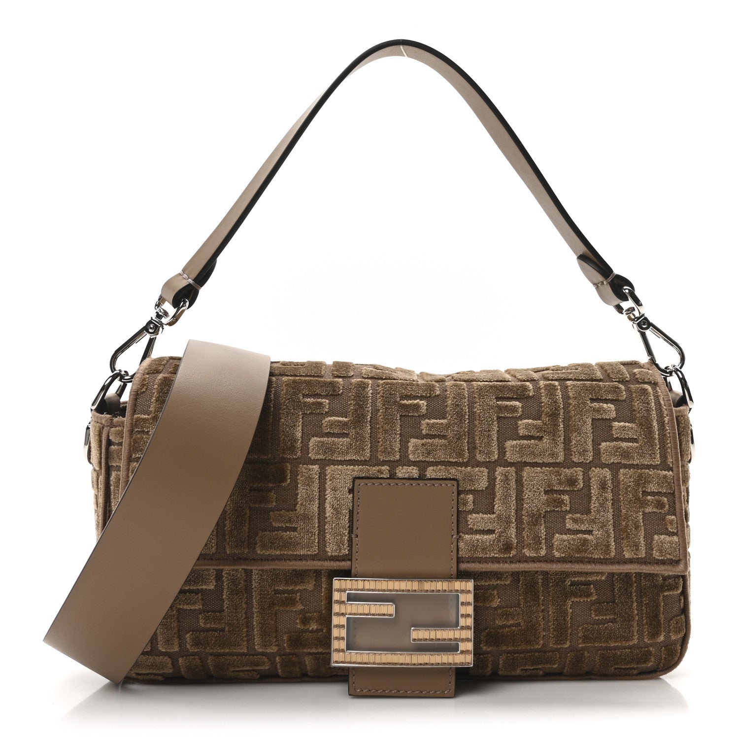 Fendi Velvet Jacquard FF Crystal Baguette Cappuccino 1 of 11