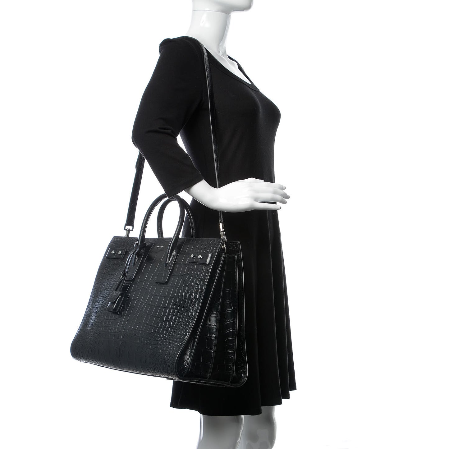 Calfskin Crocodile Embossed Large Souple Sac De Jour Black