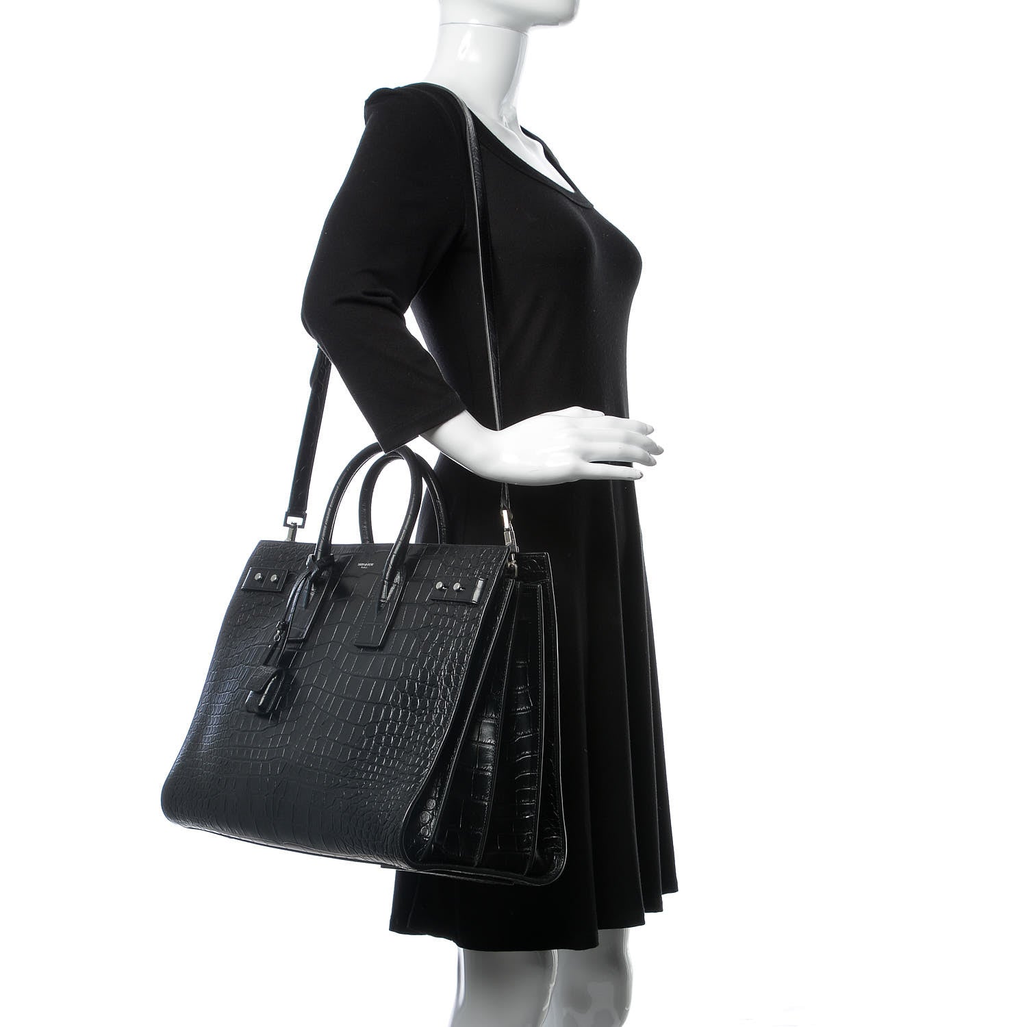 Saint Laurent Calfskin Crocodile Embossed Large Souple Sac De Jour Black 3 of 9