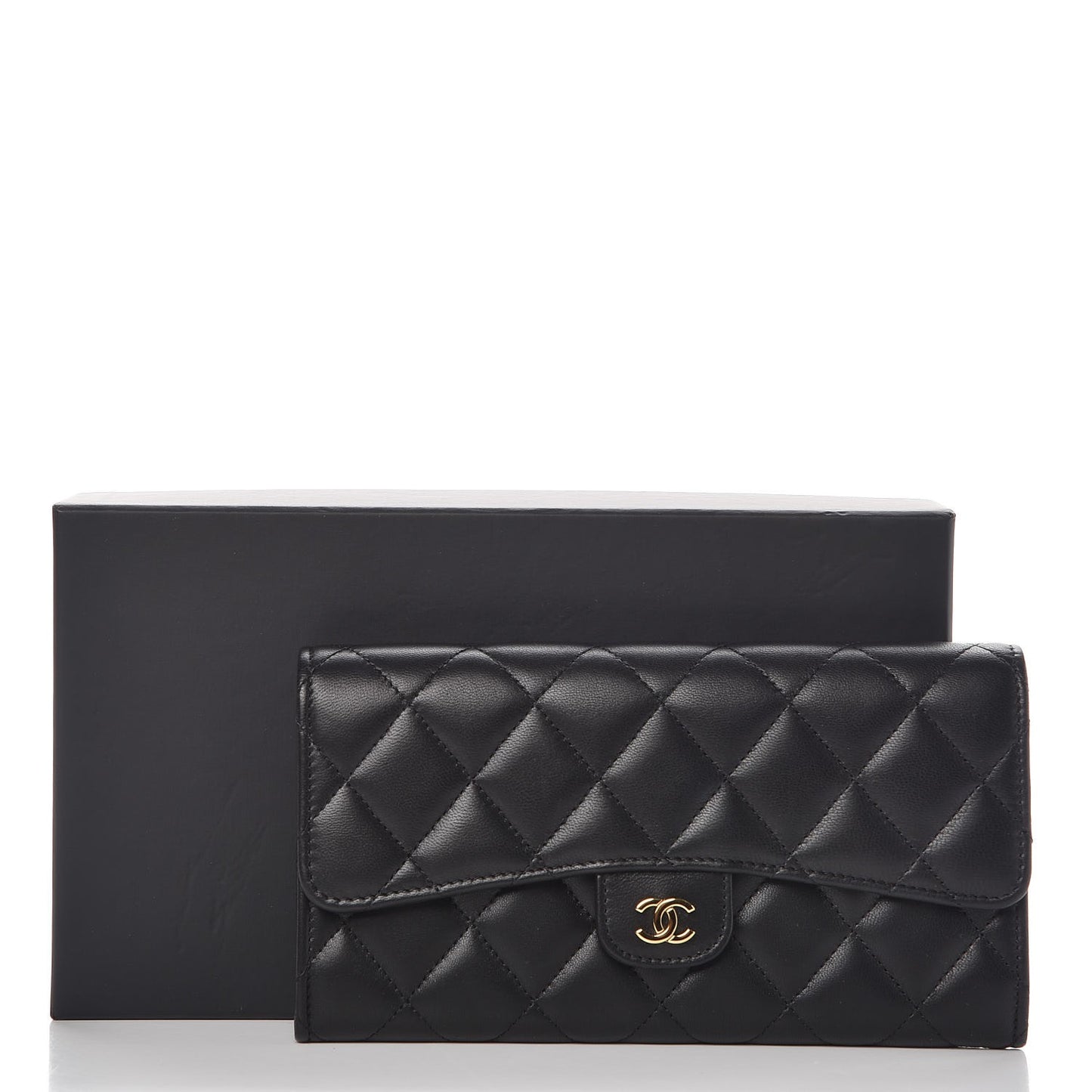 Lambskin Quilted Large Gusset Flap Wallet Black