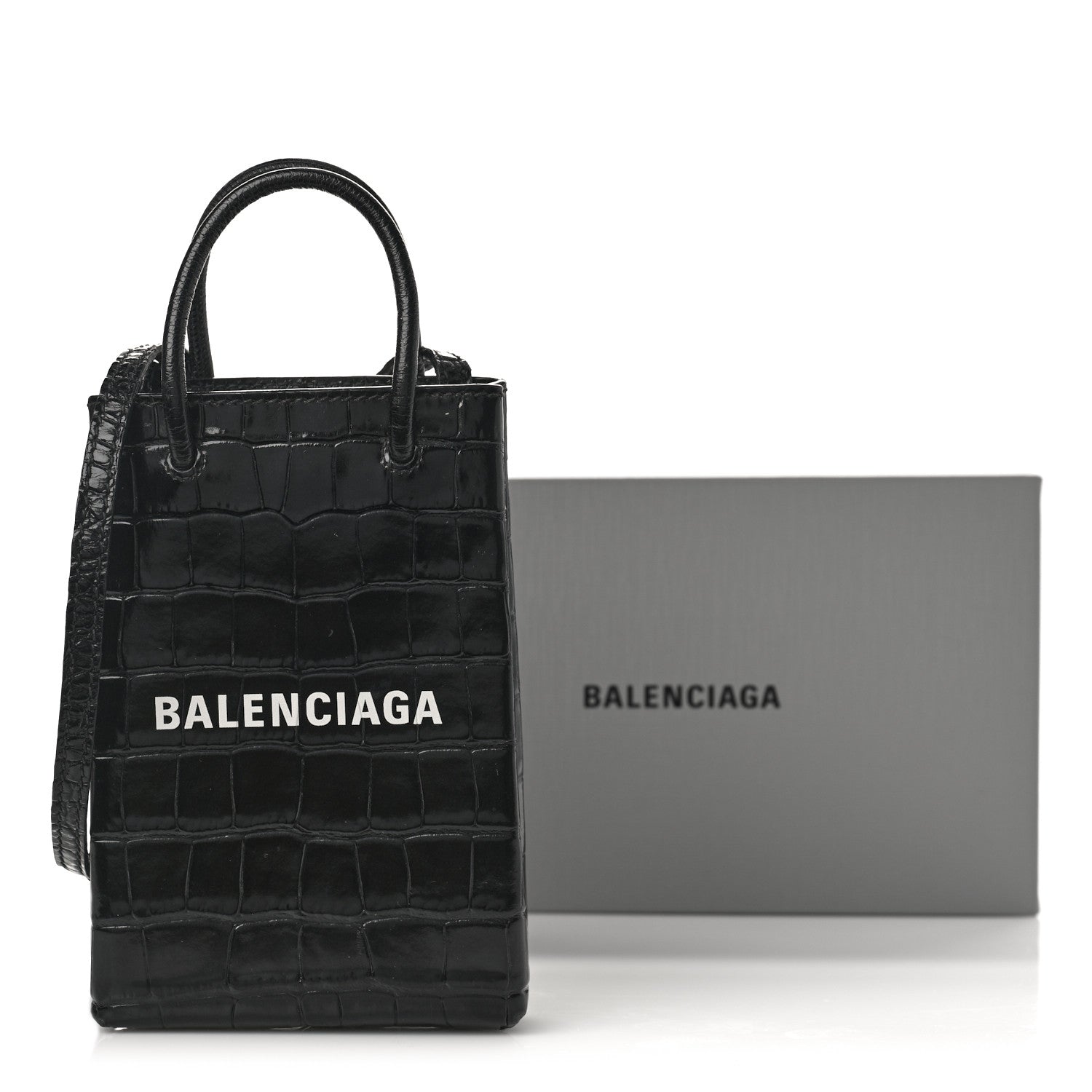 Balenciaga Calfskin Crocodile Embossed Logo Shopping Phone Holder Bag Black 11 of 11