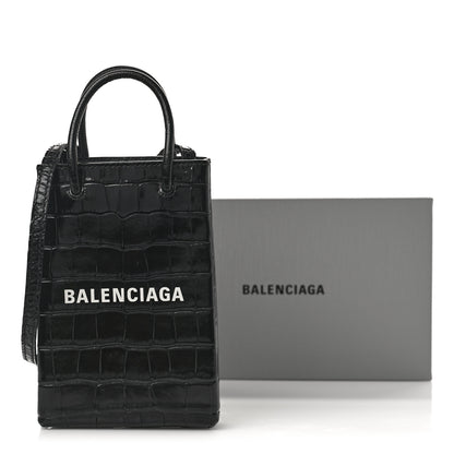 Balenciaga Calfskin Crocodile Embossed Logo Shopping Phone Holder Bag Black 11 of 11