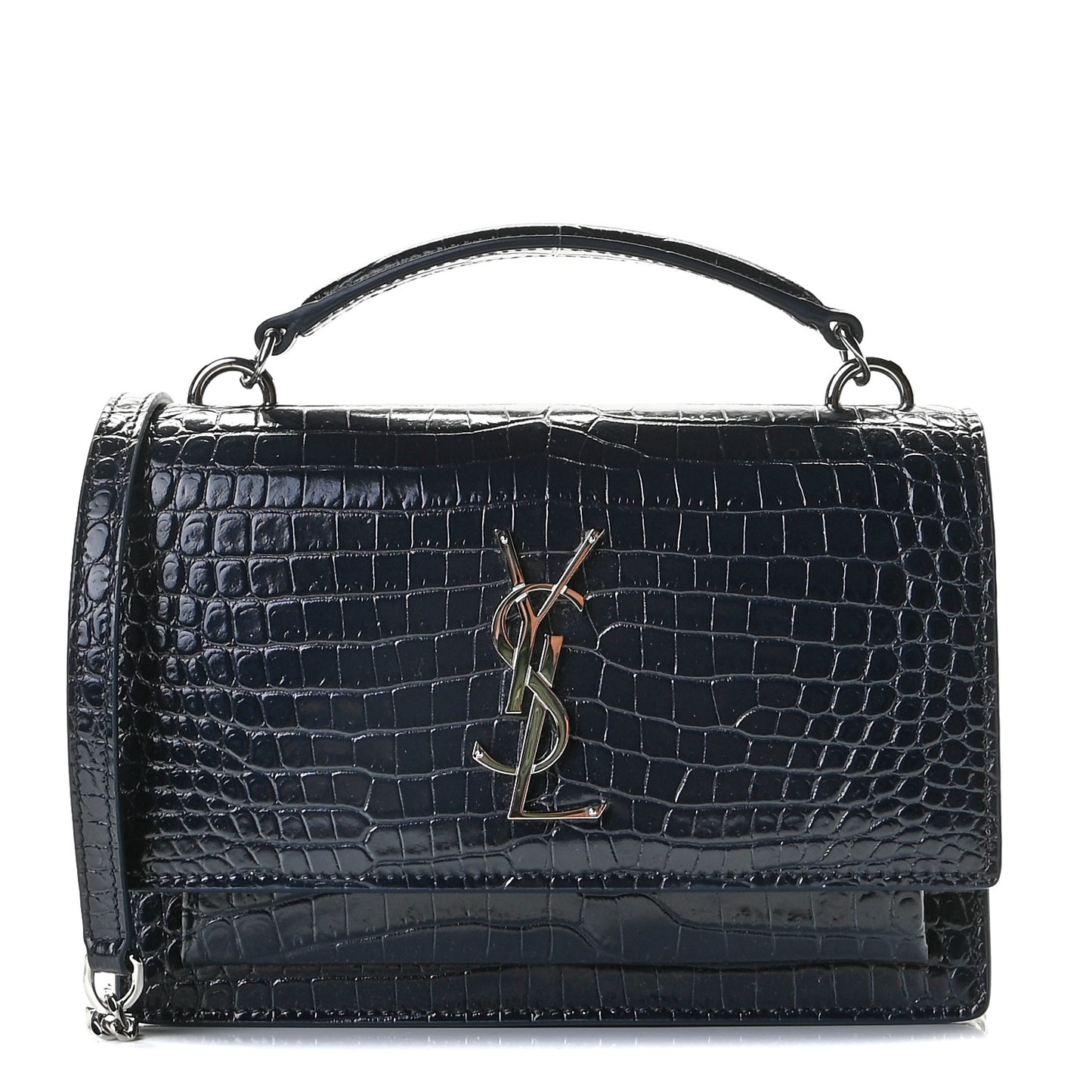 Calfskin Crocodile Embossed Monogram Sunset Chain Wallet New Cobalt