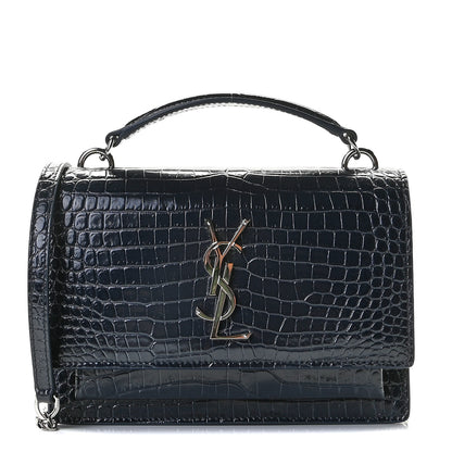 Saint Laurent Calfskin Crocodile Embossed Monogram Sunset Chain Wallet New Cobalt 1 of 13