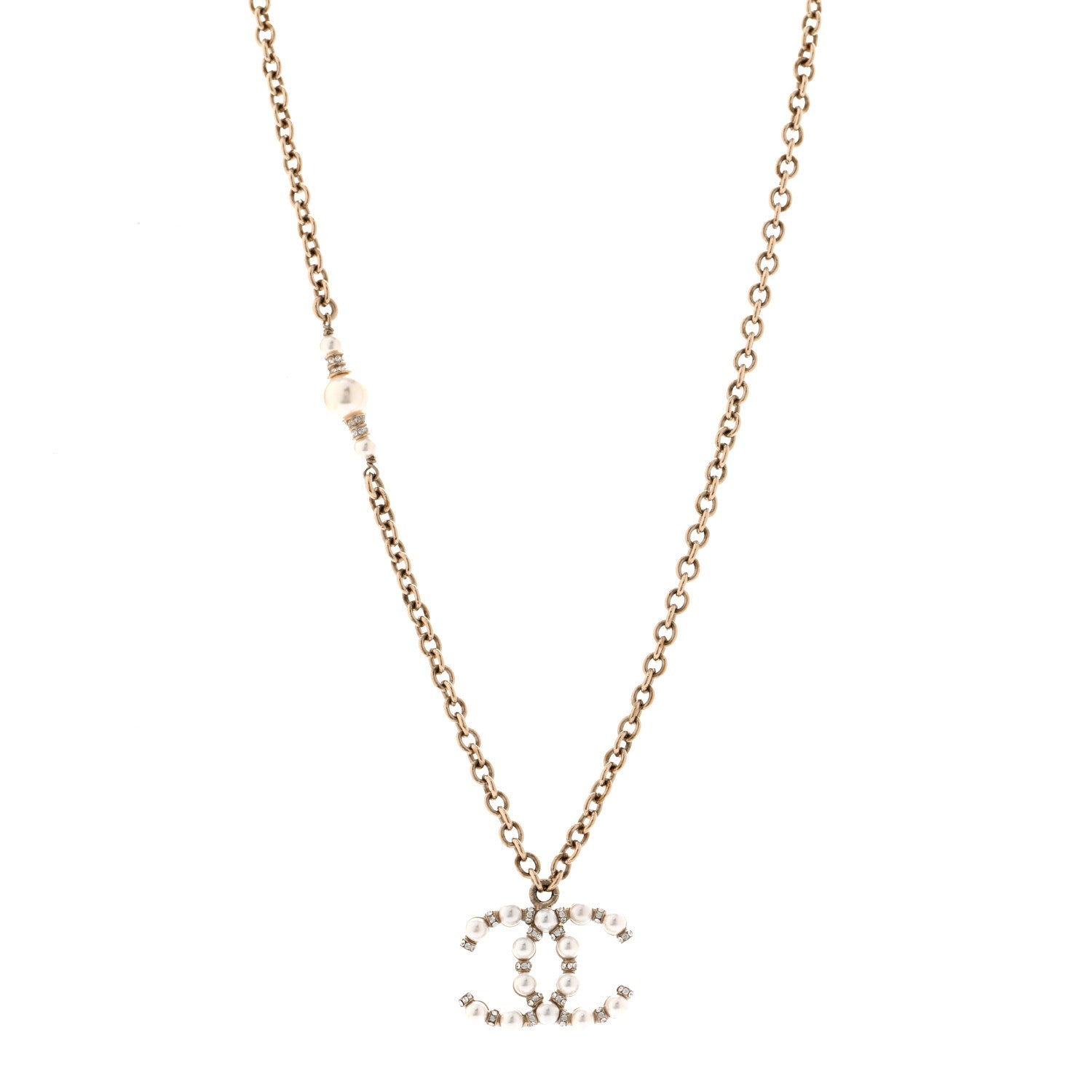 Chanel Crystal Pearl Nefertiti CC Pendant Necklace Gold 1 of 6