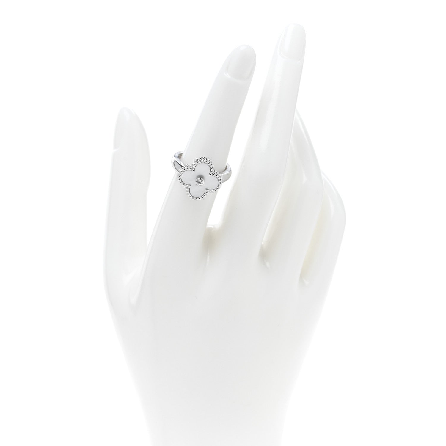 Van Cleef & Arpels 18K White Gold Diamond Mother of Pearl Vintage Alhambra Ring 53 6.25 2 of 5