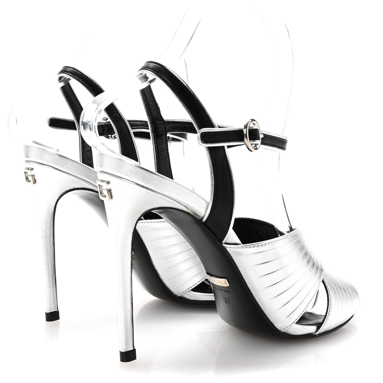 Gucci Malaga Kid Webby Crossover High Heel Sandals 37 Silver 5 of 10