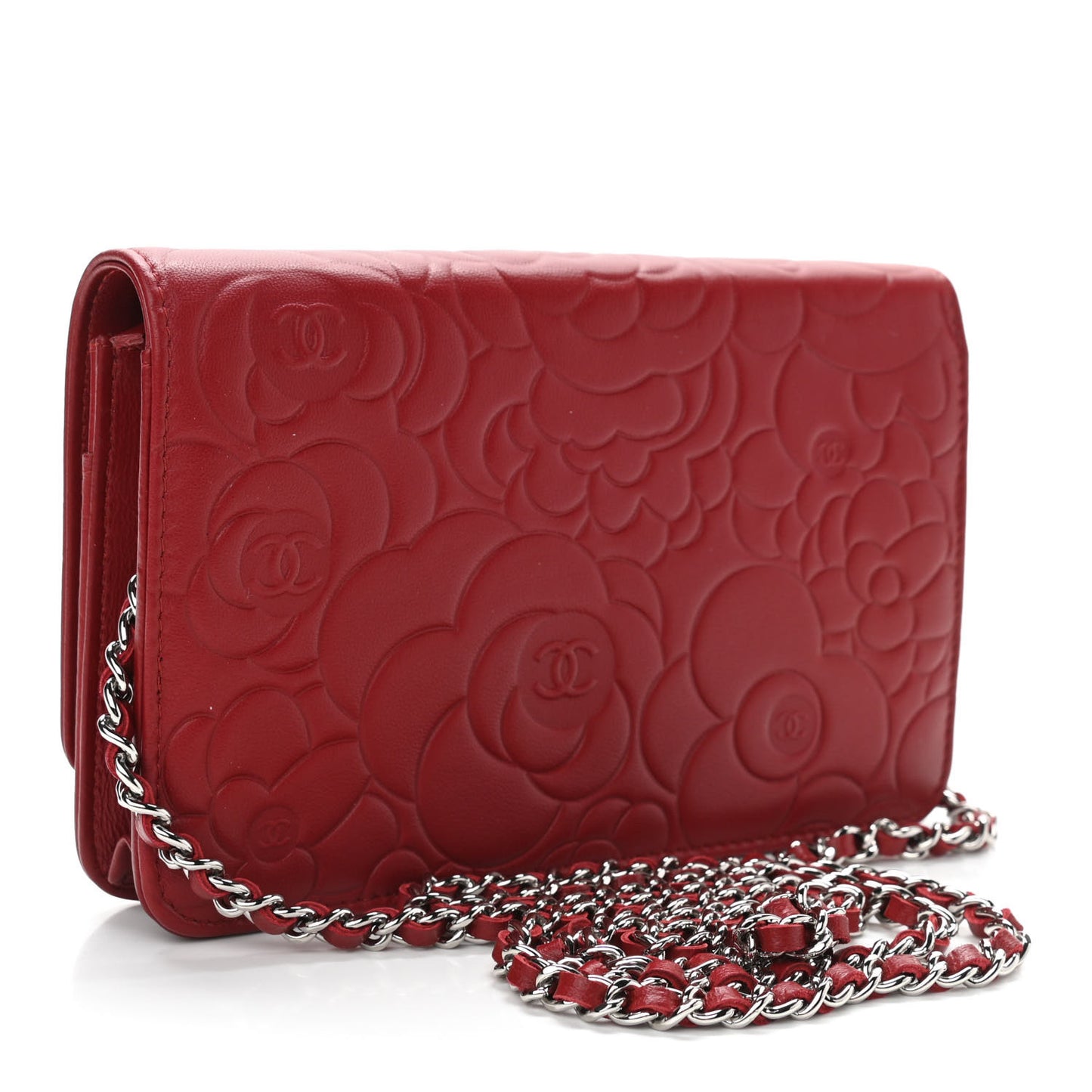 Lambskin Camellia Embossed Wallet On Chain WOC Red