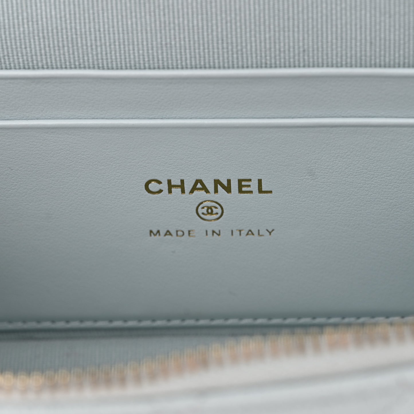 Caviar Quilted Top Handle Slim Vanity With Chain Light Blue