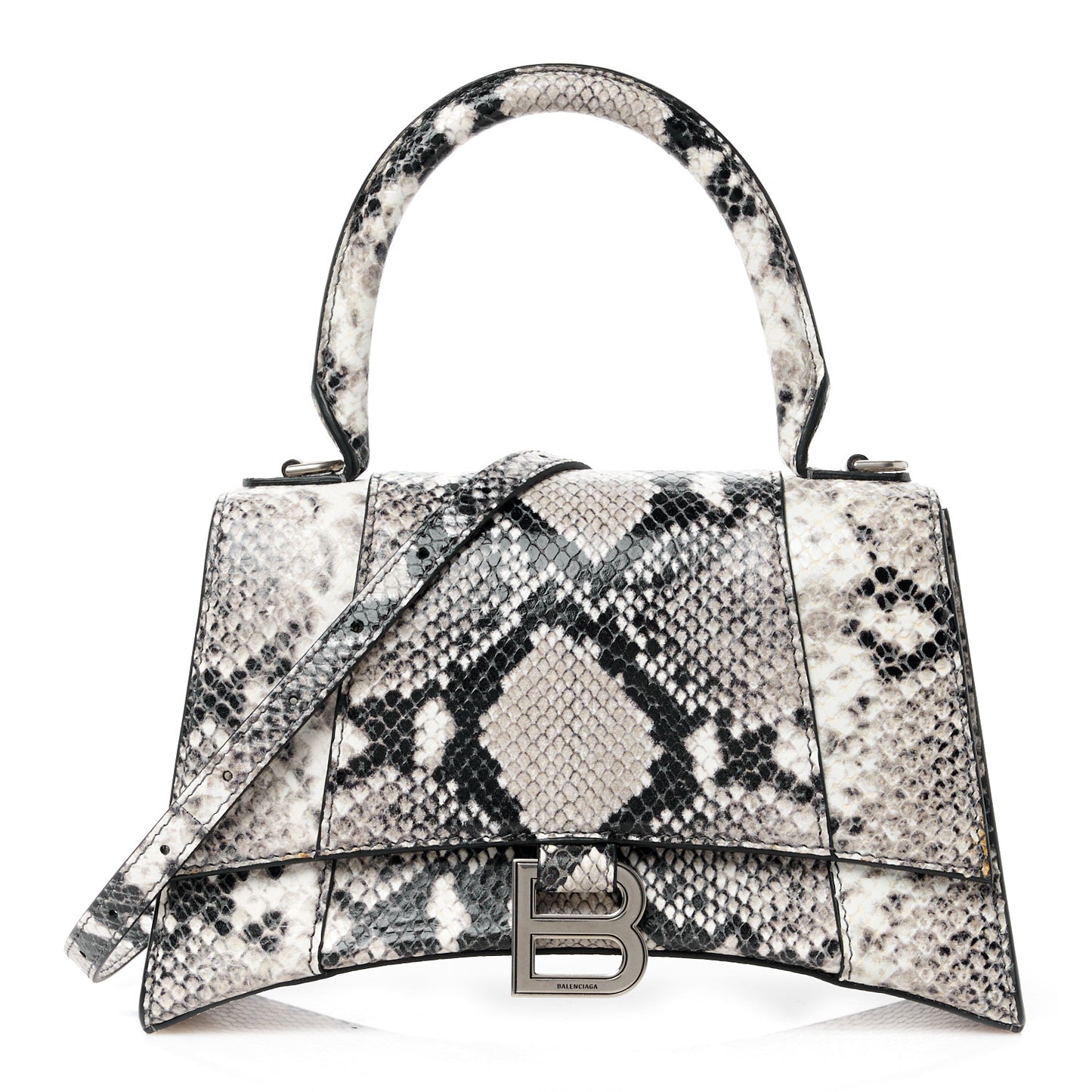 Calfskin Snake Effect Small Hourglass Top Handle Bag Black White