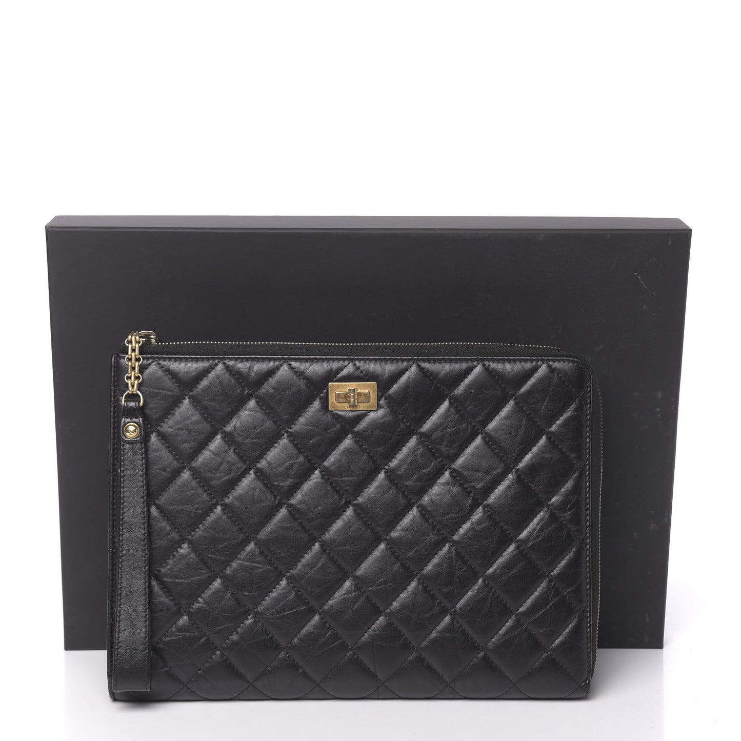 Aged Calfskin Quilted 2.55 Reissue Pouch With Handle Black