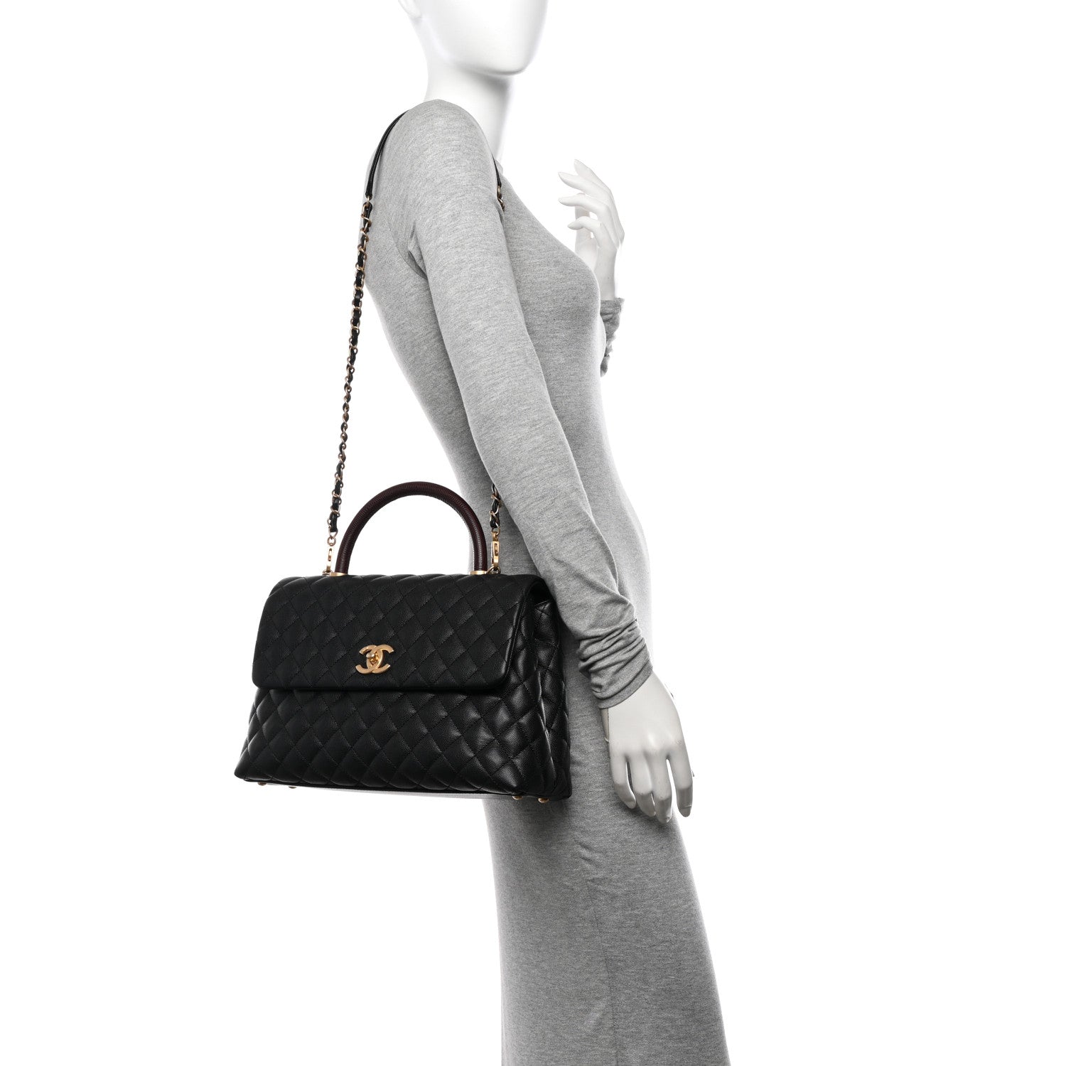 Chanel Caviar Elaphe Quilted Medium Coco Handle Flap Black Burgundy 2 of 9