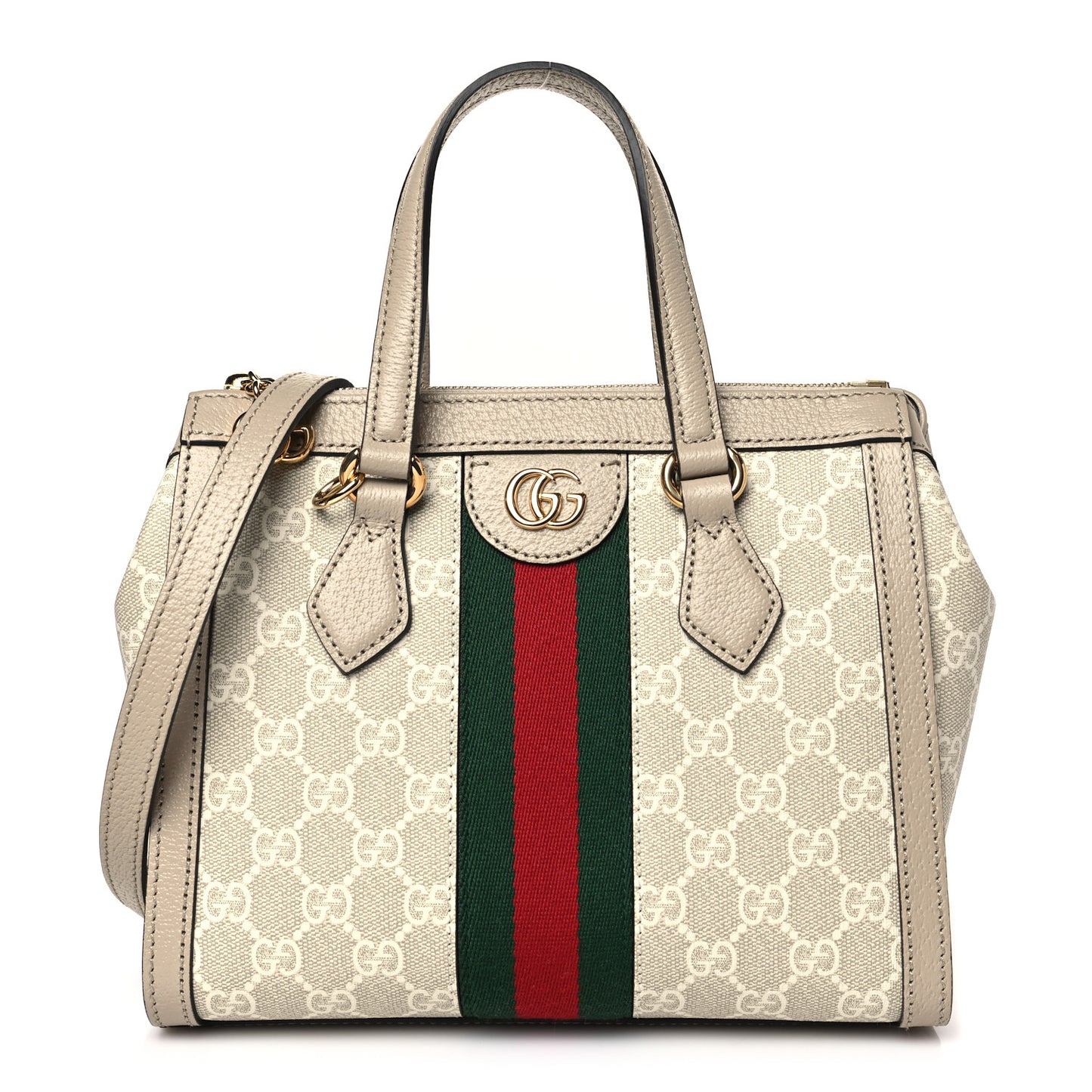 GG Supreme Monogram Textured Dollar Calfskin Web Small Ophidia Tote Bag Beige Mystic White Oatmeal