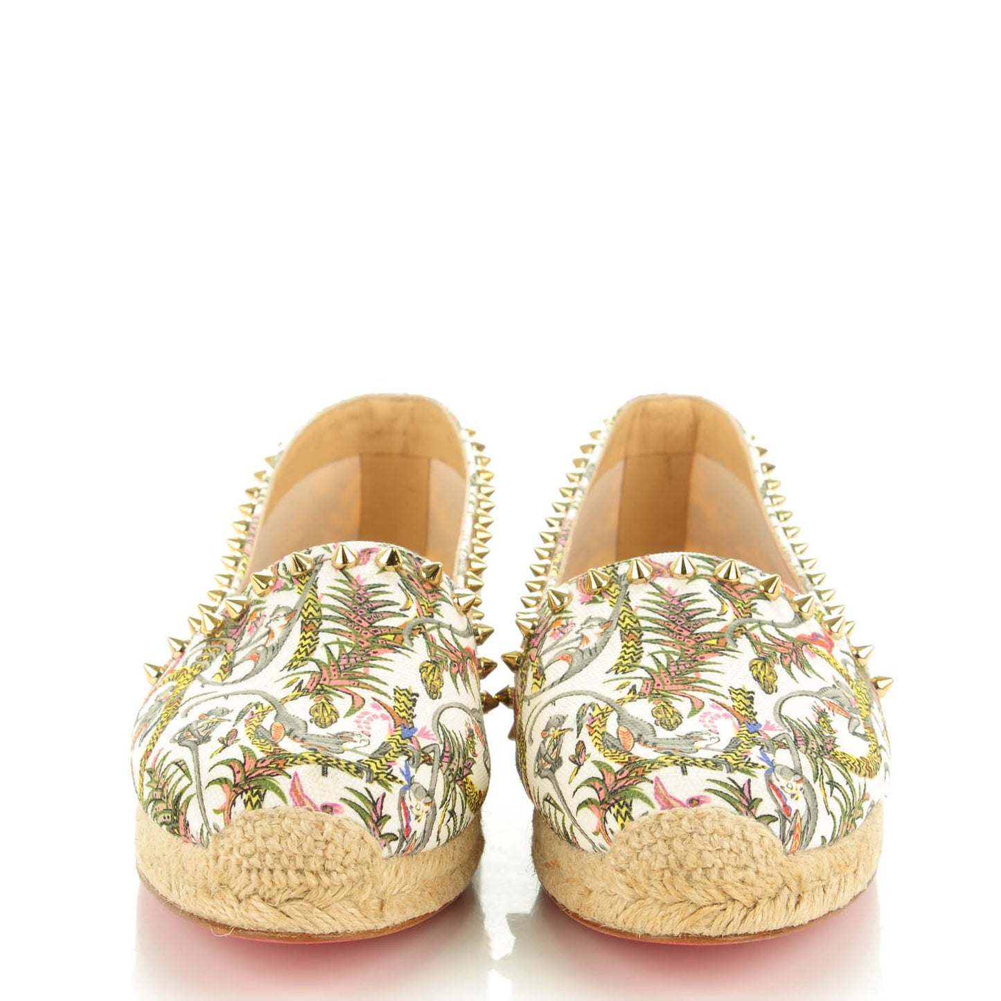 CHRISTIAN LOUBOUTIN Canvas Loubie Jungle Print Ares Spikes Flat Espadrille 38 Ivory
