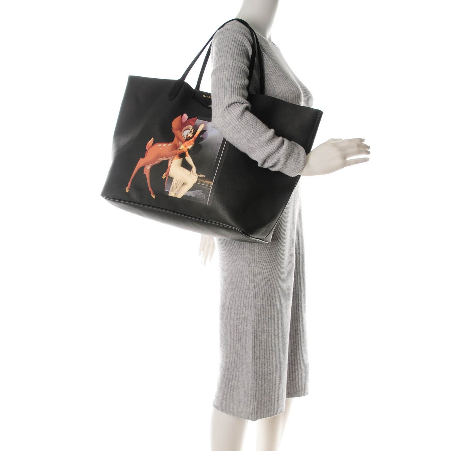 Textured Coated Canvas Bambi Print Large Antigona Tote Black
