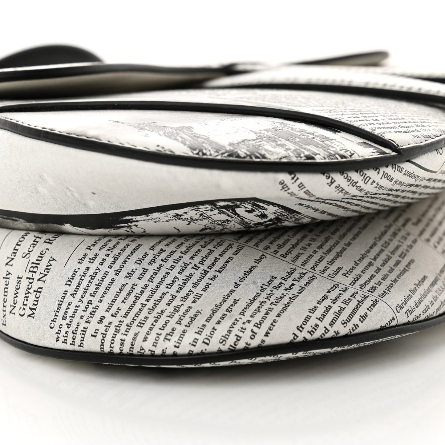 Calfskin Newspaper Printed Saddle Bag With Strap Black White