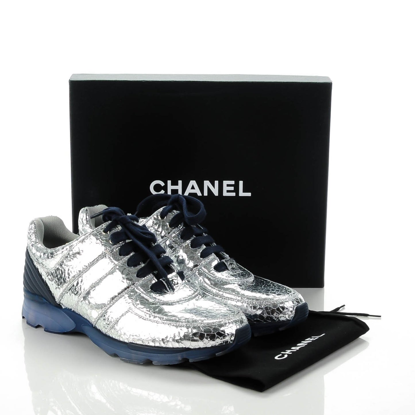 Metallic Crackled Calfskin CC Sneakers 42 Silver Black Navy
