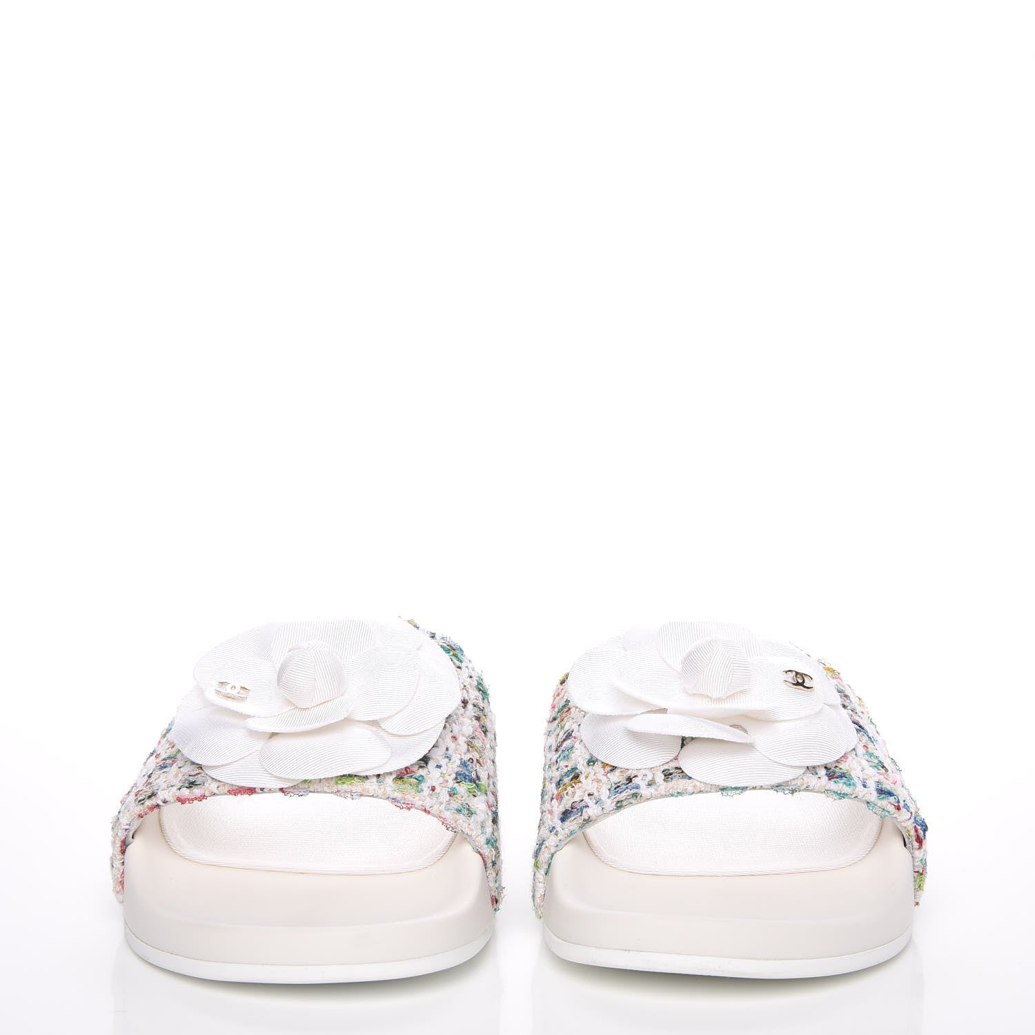 Chanel Tweed Grosgrain Camellia Mule Sandal 35 Ecru Green Ivory 2 of 10