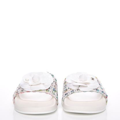 Chanel Tweed Grosgrain Camellia Mule Sandal 35 Ecru Green Ivory 2 of 10