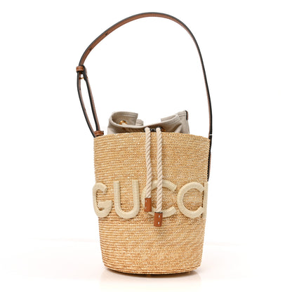 Gucci Straw Calfskin Small Logo Bucket Bag Natural Tan 1 of 10