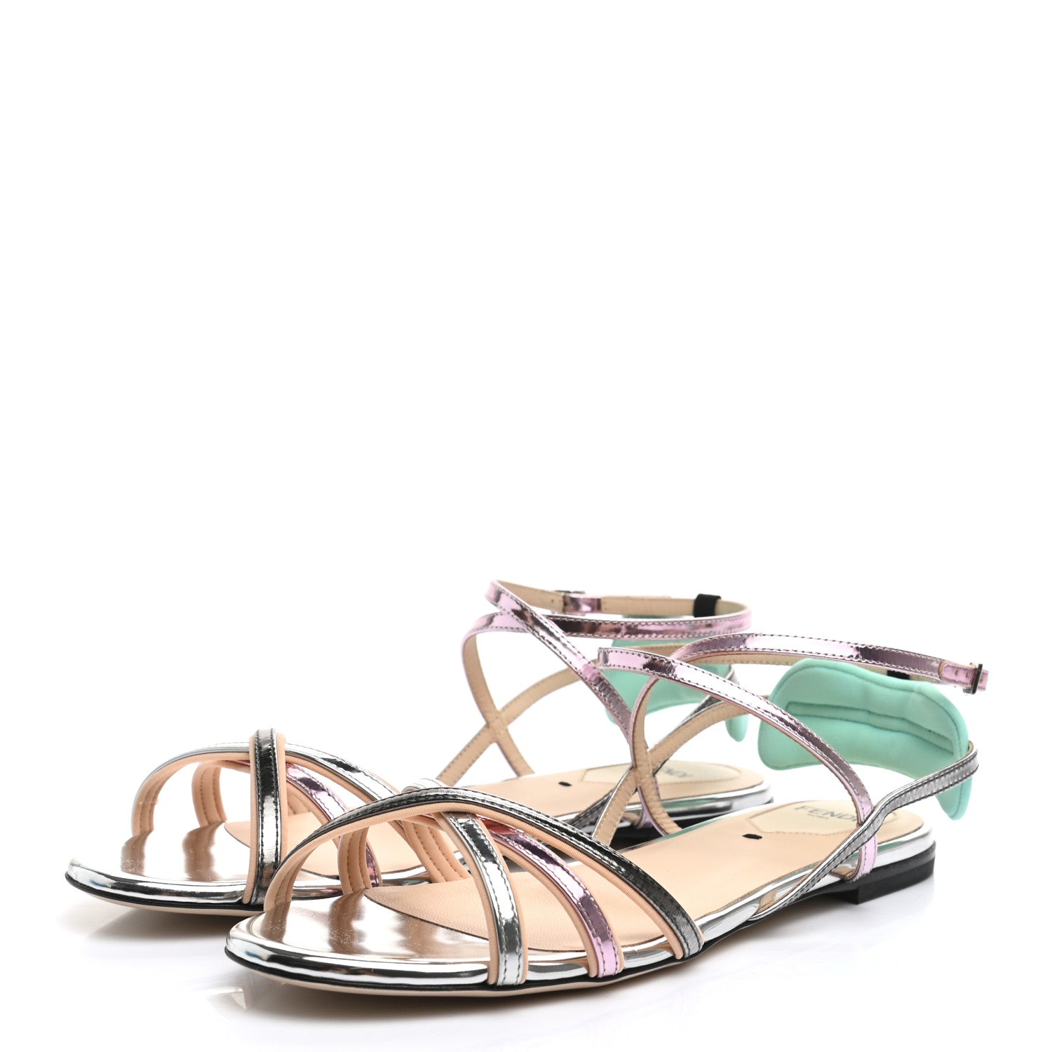Fendi Metallic Colibri Strappy Flat Sandals 37.5 Grey Pink 3 of 7