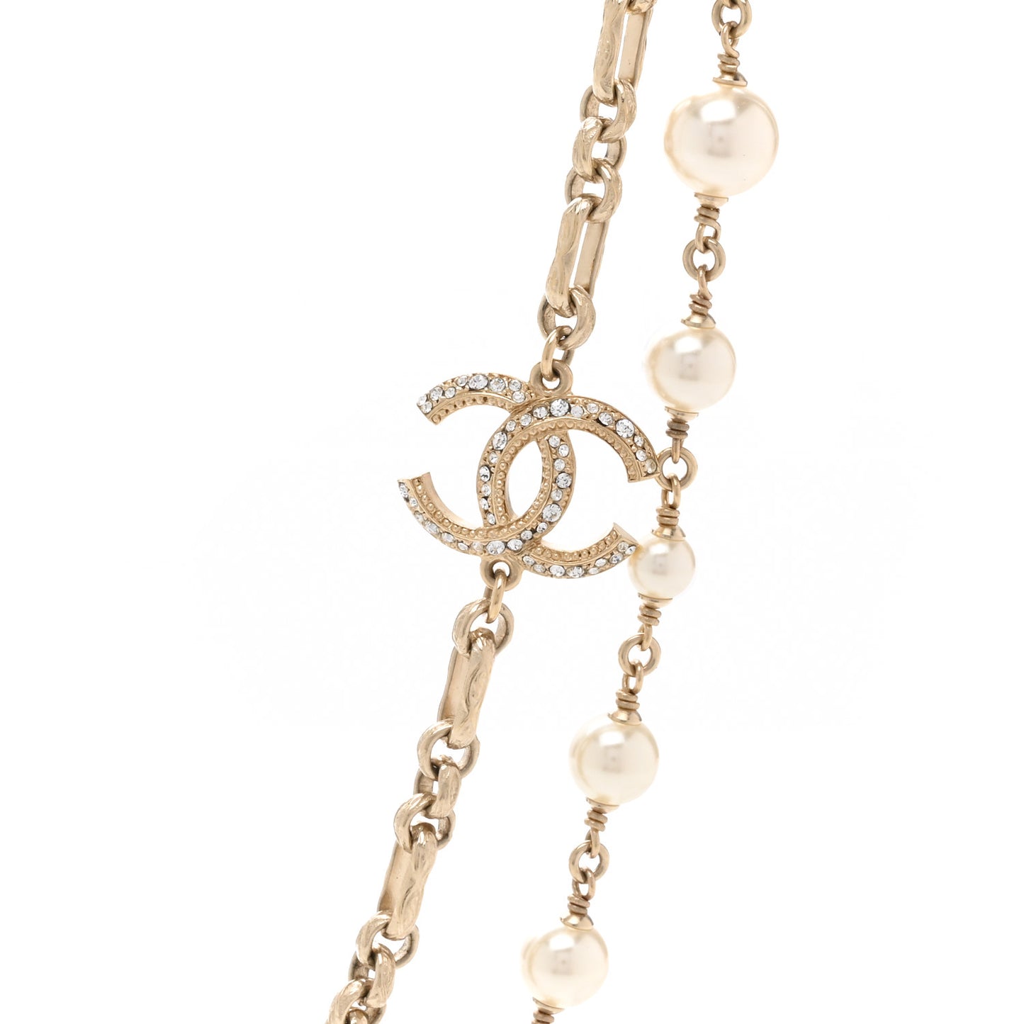Crystal Pearl CC Long Necklace Silver