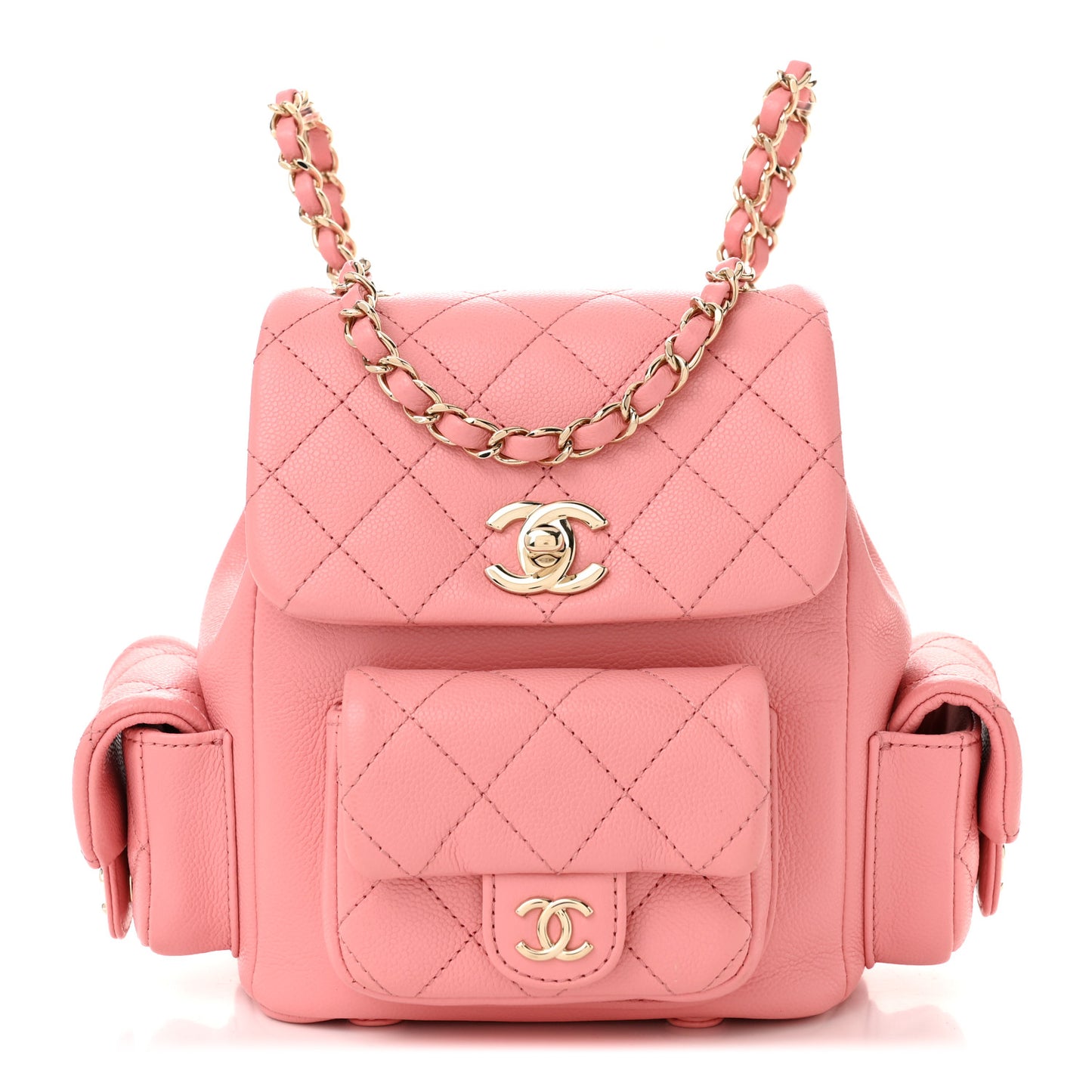 Shiny Caviar Quilted Small Pockets Drawstring Backpack Pink