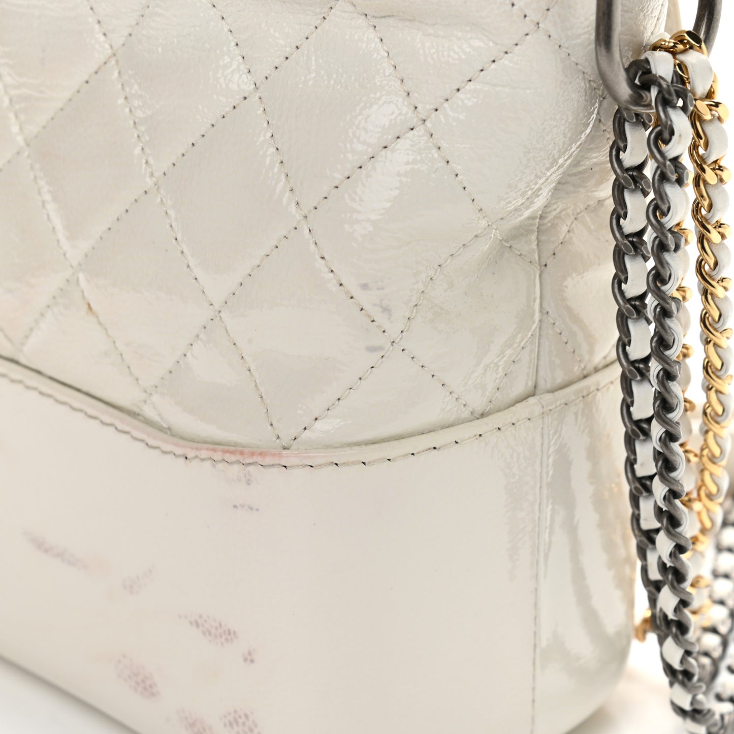 Patent Goatskin Quilted Medium Gabrielle Hobo White
