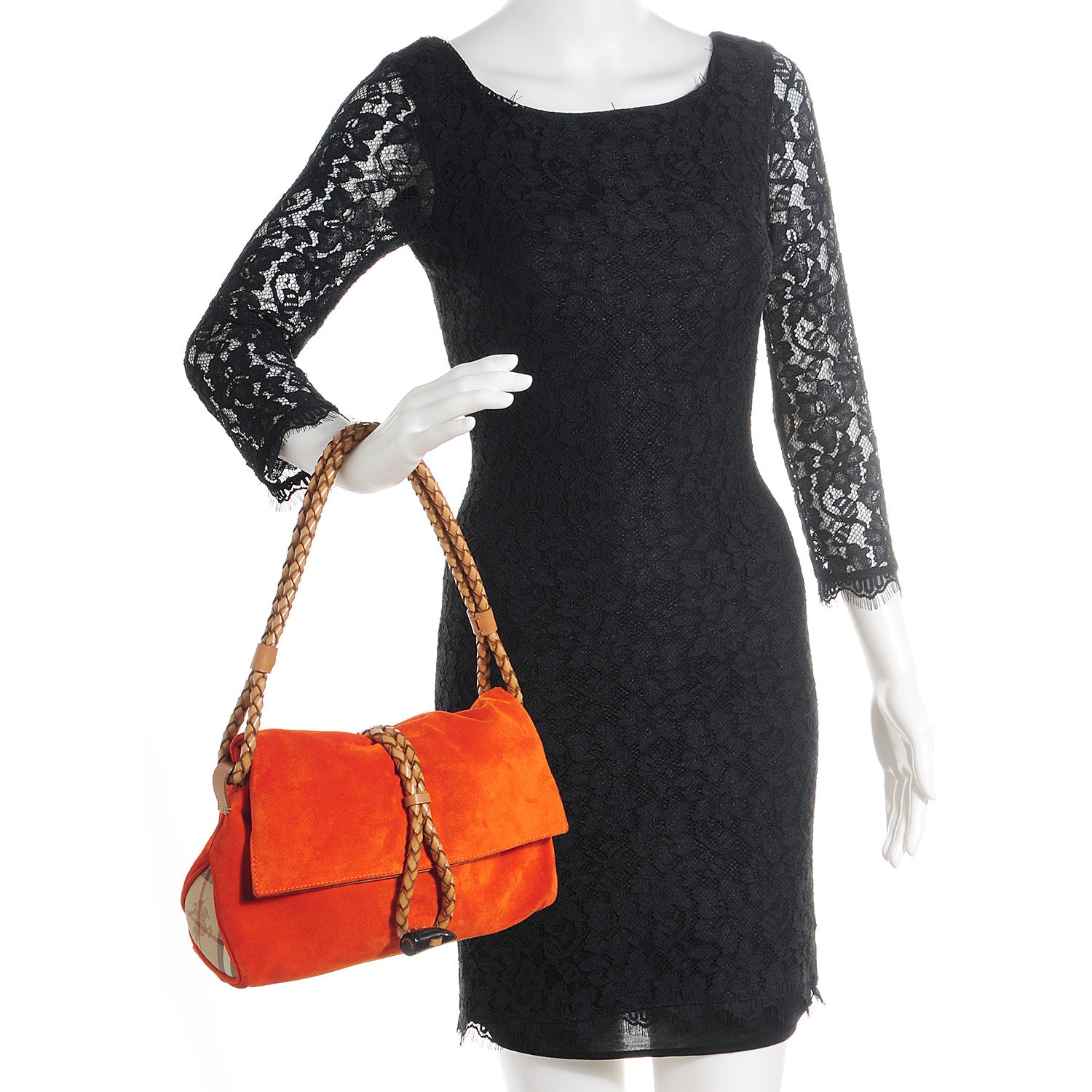 Burberry Suede Haymarket Check Horn Toggle Shoulder Bag Orange 2 of 9