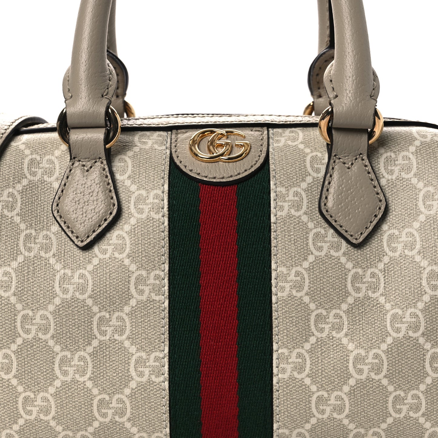GG Supreme Monogram Textured Dollar Calfskin Web Ophidia Mini Top Handle Bag Beige Mystic White Oatmeal