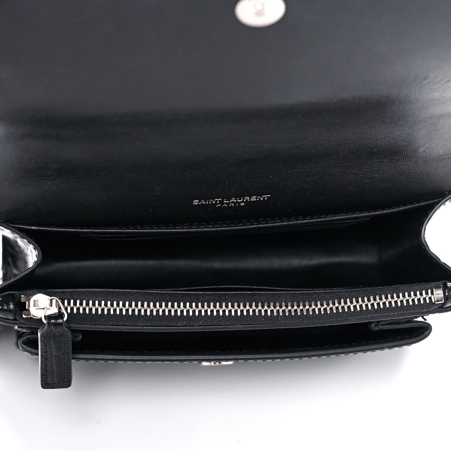 Saint Laurent Calfskin Crocodile Embossed Monogram Sunset Chain Wallet Black 5 of 15
