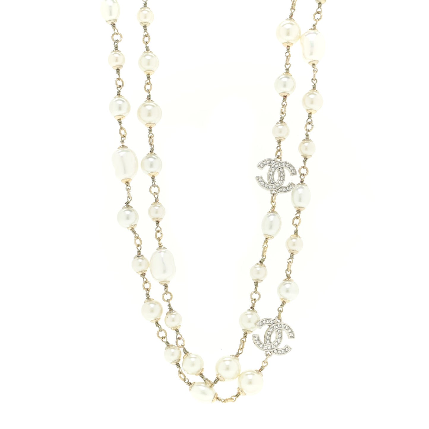 Graduated Pearl Crystal CC Long Necklace Silver