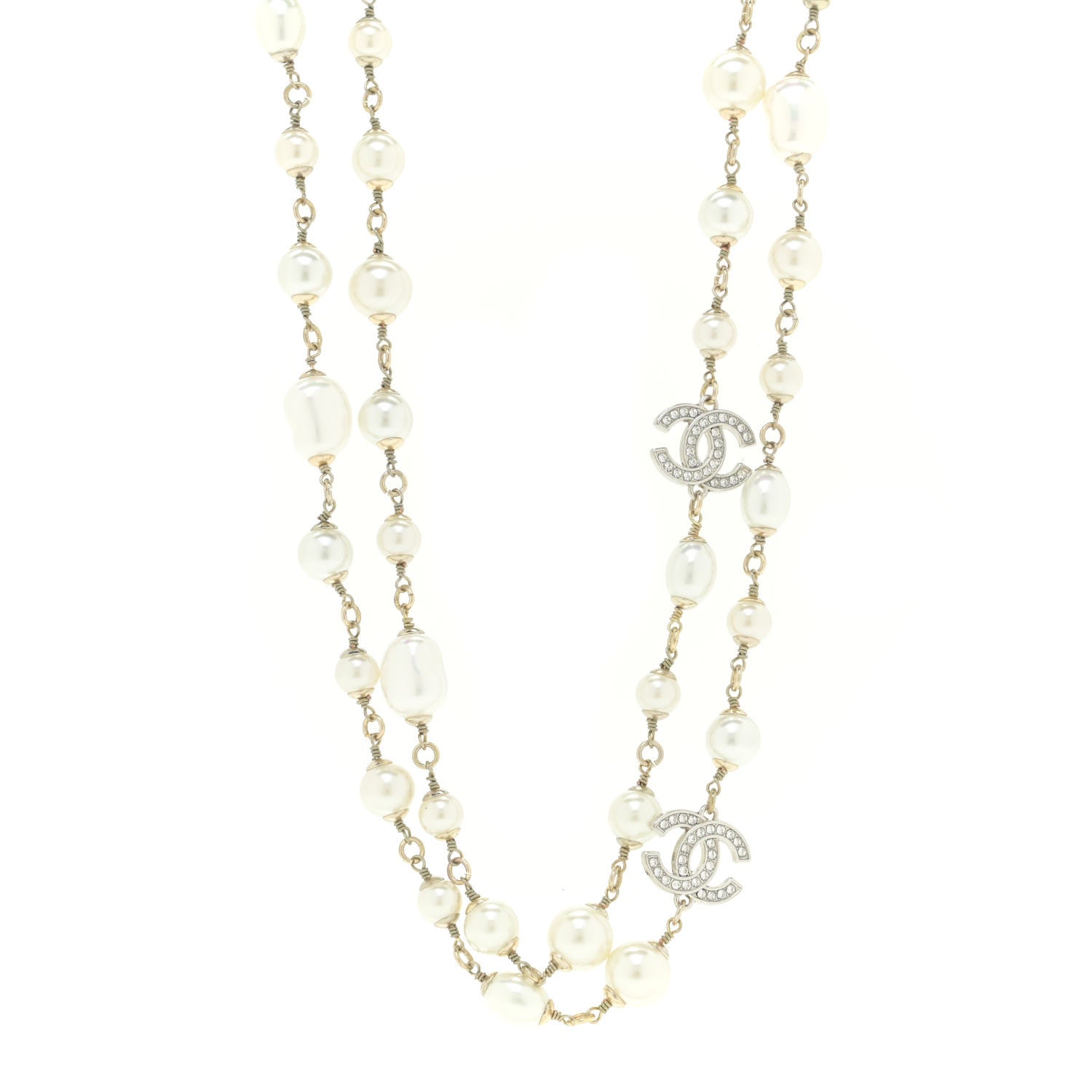 Chanel Graduated Pearl Crystal CC Long Necklace Silver 1 of 6