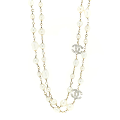 Chanel Graduated Pearl Crystal CC Long Necklace Silver 1 of 6