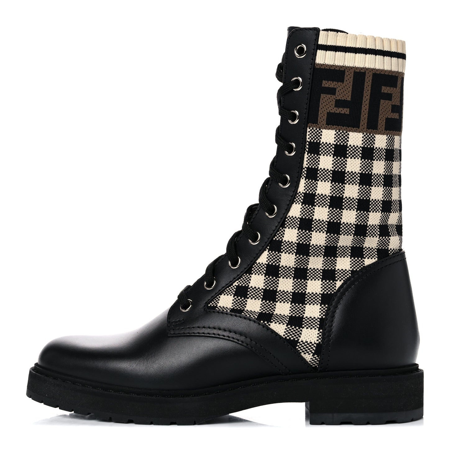 Vitello Stretch Fabric Vichy FF Rockoko Sock Combat Boots 38 Black Crema Tobacco
