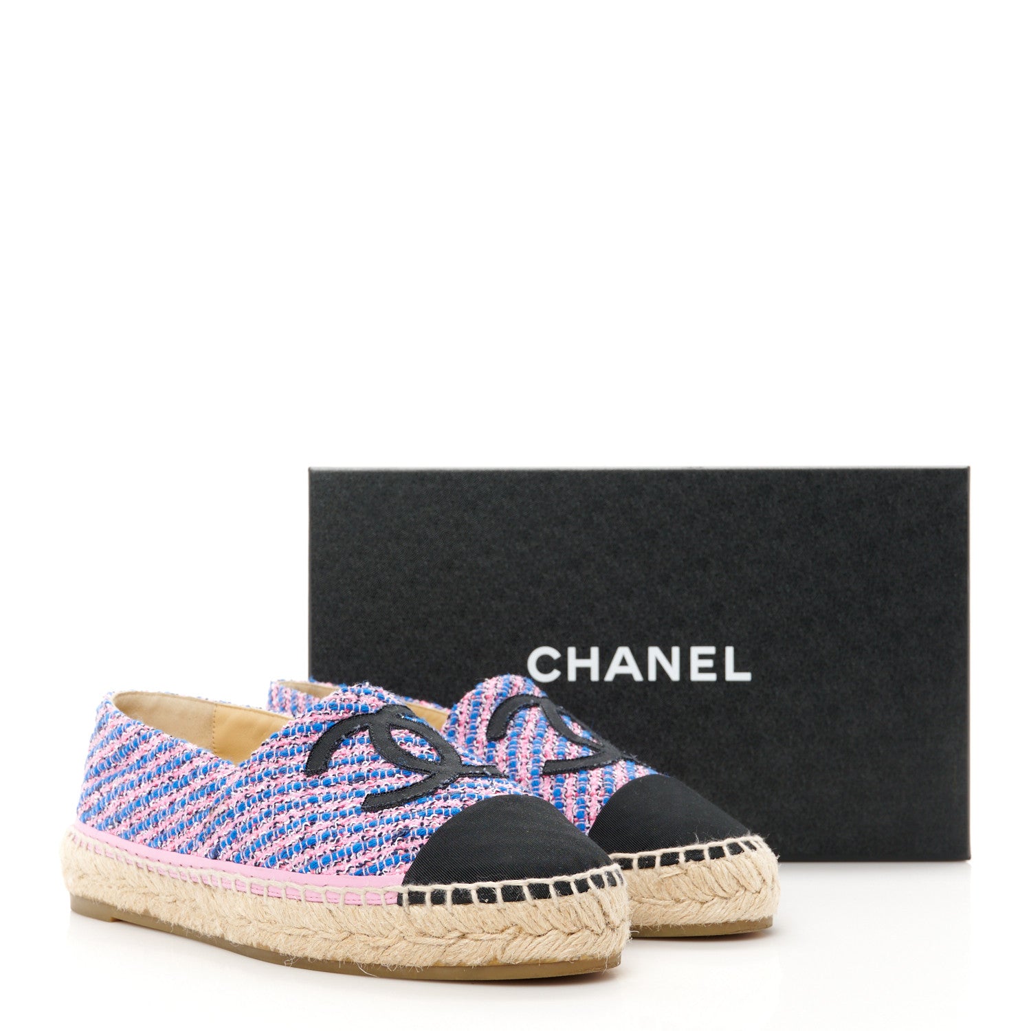 Chanel Tweed Grosgrain CC Espadrilles 38 Blue Pink Black White 12 of 12