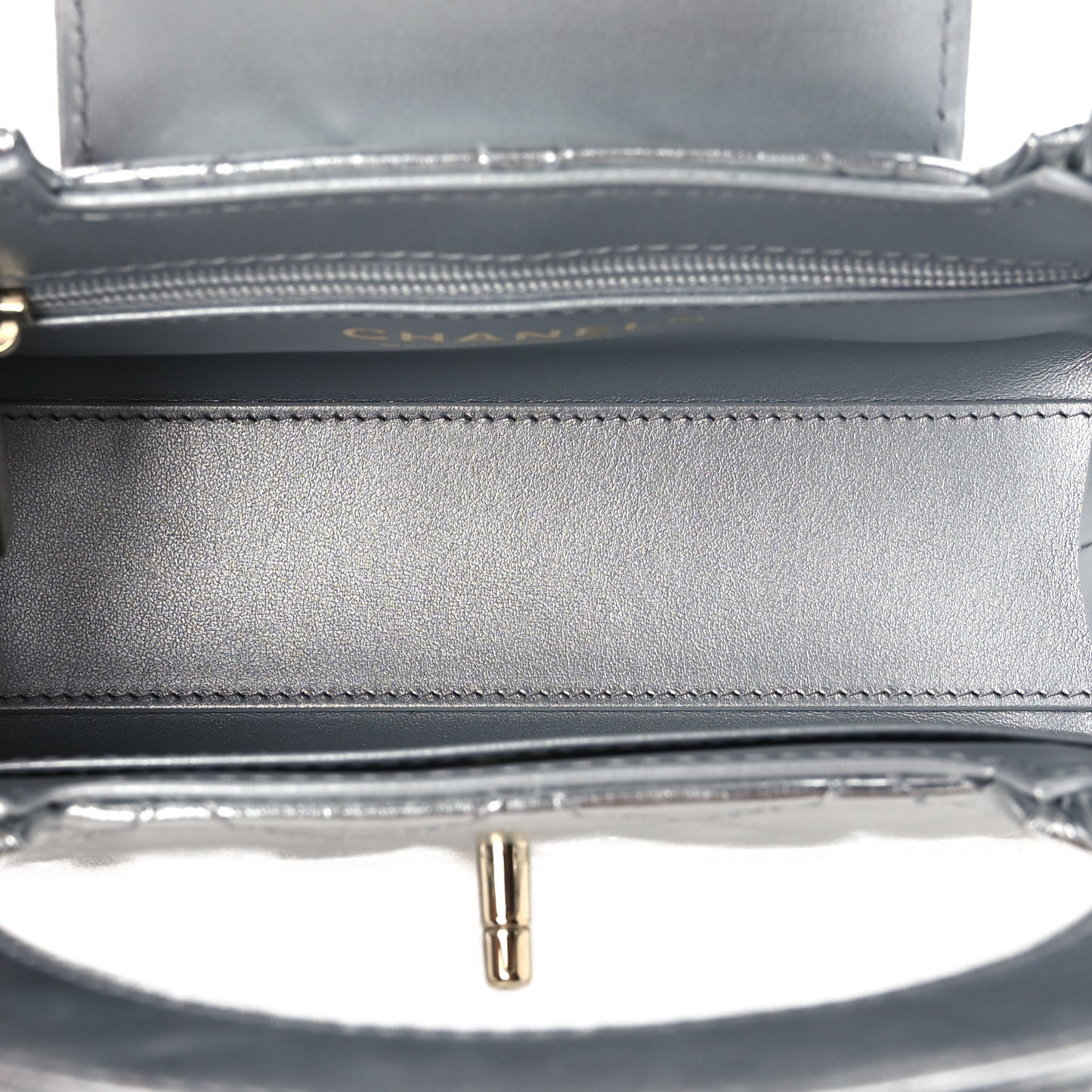 Metallic Aged Calfskin Quilted Nano Kelly Shopper Silvery
