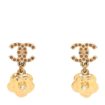 Chanel Crystal CC Camellia Drop Earrings Gold 1 of 4